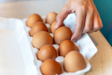 the girl takes one chicken egg from a white box. women with holding a cardboard egg box full of her...