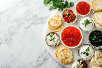 Overhead view of a gourmet caviar platter with traditional accompaniments modern dining setting elegant presentation culinary experience