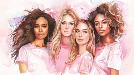 Watercolor illustration of four women from three different races and skin tones, wearing pink t-shirts and standing together against a white background. 