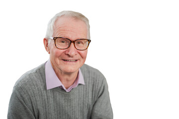Confident stylish European middle aged senior man isolated on white background. Older mature man smiling. Happy attractive senior grandfather looking camera close up headshot portrait. Happy people