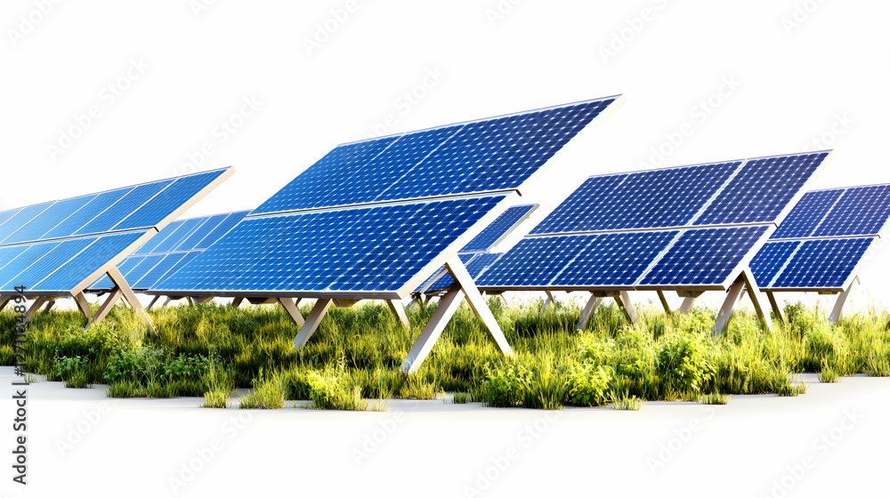 Poster solar panels on grass generate power; clean energy usage backdrop for technology