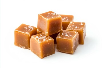 Caramel candy cubes on solid white background. AI generated