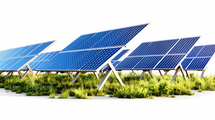 Solar panels on grass generate power; clean energy usage backdrop for technology