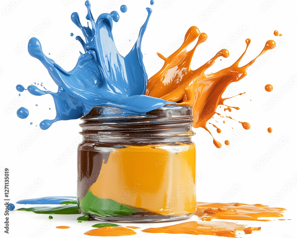 Poster splashing paints form colorful explosion of dye from jar on clear background