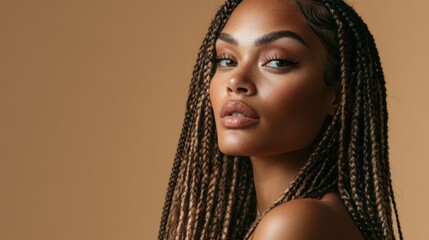 Studio portrait of a Black woman with long, intricately braided hair styled in box braids, wearing minimal makeup, standing against a soft beige background