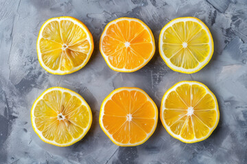 Obraz premium A vibrant, flat-lay composition of sliced lemons arranged on a gray background, showcasing freshness and simplicity.