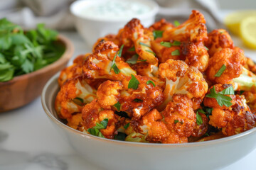 Fototapeta premium A vibrant preparation of roasted cauliflower with fresh herbs and garlic, surrounded by various ingredients in a kitchen.