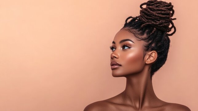 Studio portrait of a Black woman with twisted faux locs styled in a messy bun, wearing natural makeup, standing against a soft peach background, showcasing low-maintenance beauty