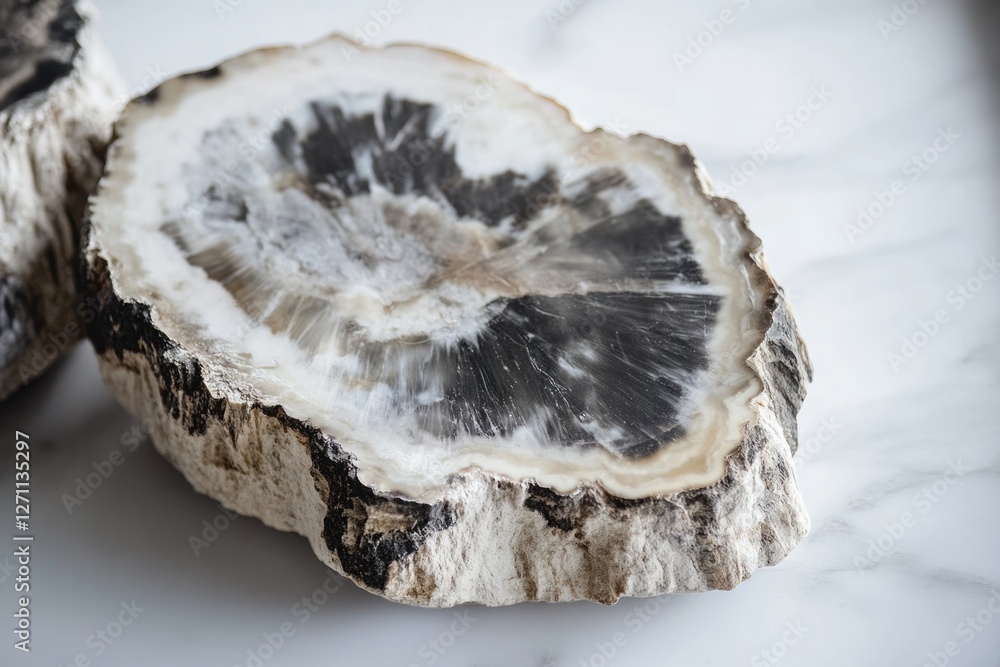 Poster petrified wood slice, showcasing intricate patterns and textures of fossilized tree rings in shades 
