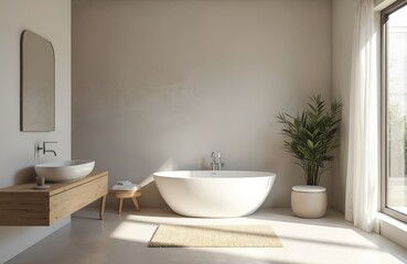 Fototapeta premium Bathroom interior design with white, bleached tones features freestanding bathtub, wooden washbasin. Minimal decor elements. Modern elegant bathroom interior represents new lifestyle, real estate