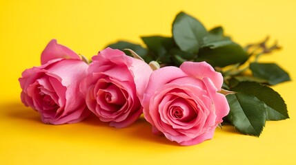 Fototapeta premium Pink roses on the right side of a yellow background, Generative AI