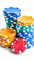 Stack of casino chips for betting in games, on table, for chance, on white