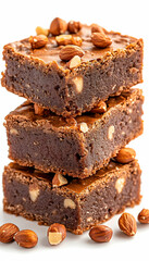 Stack of brownies with nuts on white background, food photography, advertisement