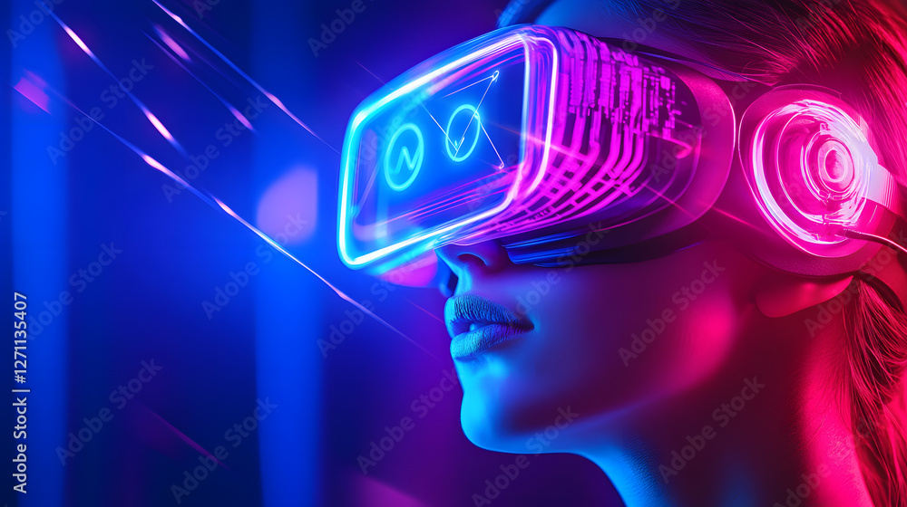 Poster exploring digital futures a high-tech vr experience in a futuristic setting