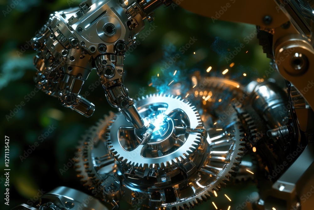 Poster a robotic arm precisely assembles intricate gears, sparks flying during the process.