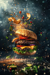 A dynamic, close-up image of a fresh, juicy burger with ingredients flying in mid-air against a dark background.