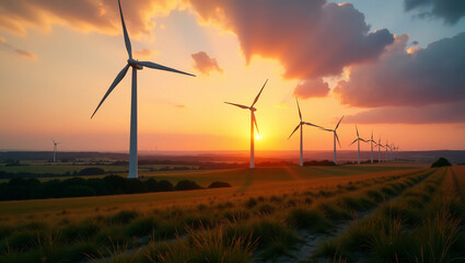 Obraz premium An image of a wind turbine farm generating clean energy, with a beautiful sunset in the background.