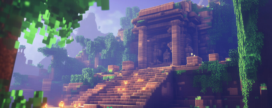 Ancient pixelated temple with blocky stone surrounded by lush greenery at dawn