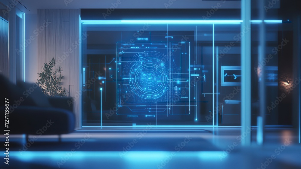 Aufkleber futuristic home security system that uses ai-driven holograms to deter intruders.