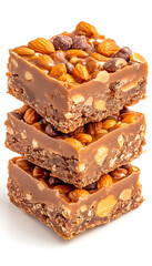 Stack of nut bars, almonds, and chocolate chips; isolated on white, dessert use
