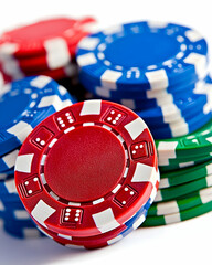 Stack of gaming chips in red, blue, and white for leisure and entertainment