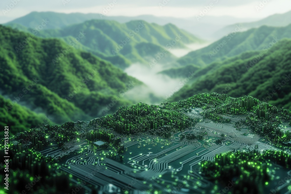 Poster a circuit board shaped like a mountain range, symbolizing the intersection of technology and nature.