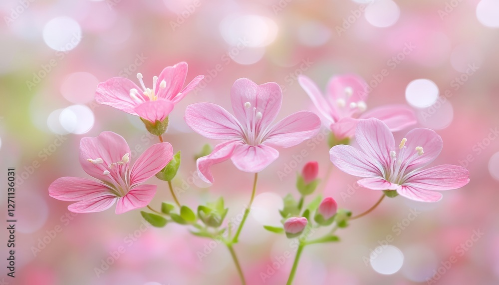 Poster delicate pink wildflowers in bloom, shallow depth of field, creating a dreamy bokeh effect.
