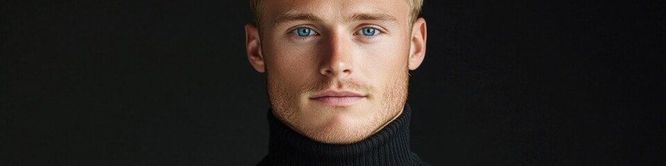 Fototapeta premium A close-up view of a person's face with a turtle neck sweater on, perfect for portraits and fashion photography