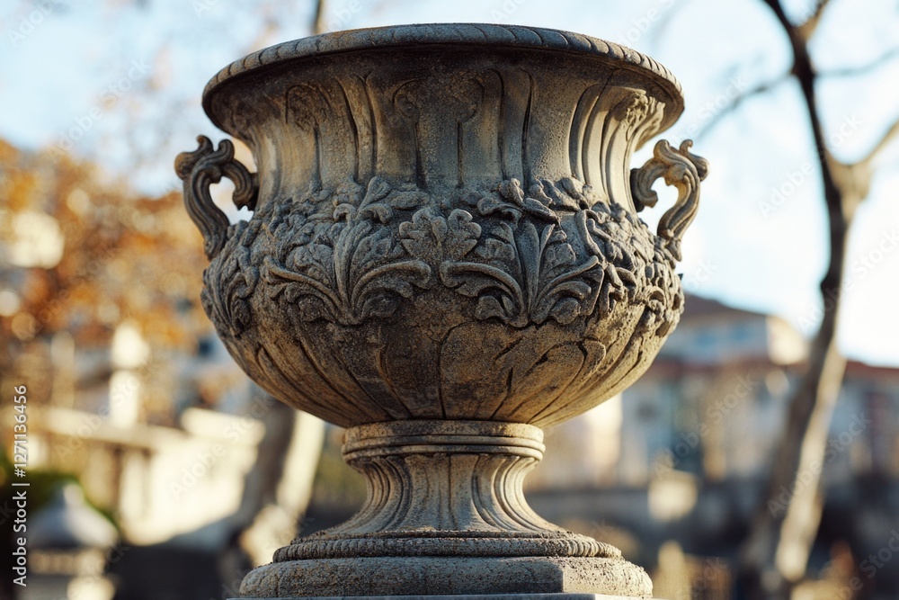 Poster a stone vase sits atop a stone pillar, creating a simple yet elegant display