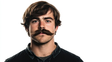 Obraz premium Studio shot of a man with a layered haircut and a thick handlebar mustache, isolated on a white background, showcasing a unique and bold look.