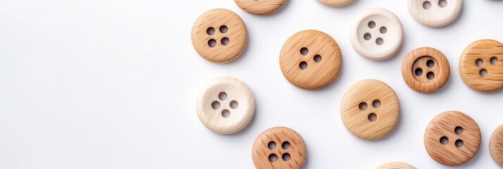 Obraz premium Wooden Buttons Collection - Assortment of natural wood buttons in light and dark shades, scattered on a white background. Perfect for crafting or sewing projects