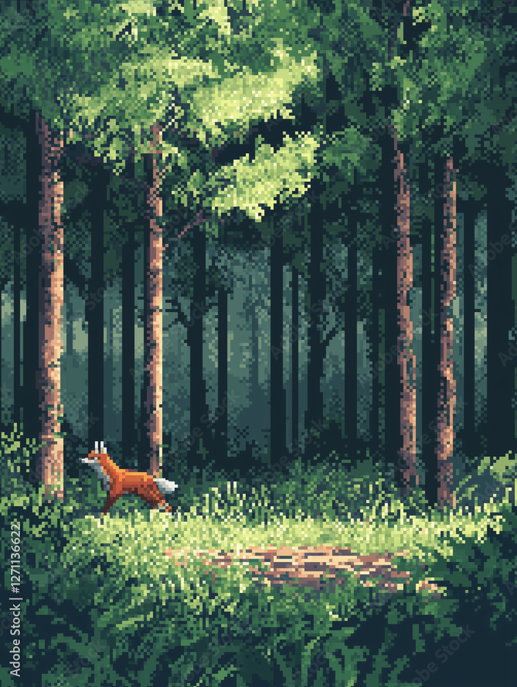 Poster pixelated forest with tall blocky trees and a fox wandering through the underbrush in a tranquil nat