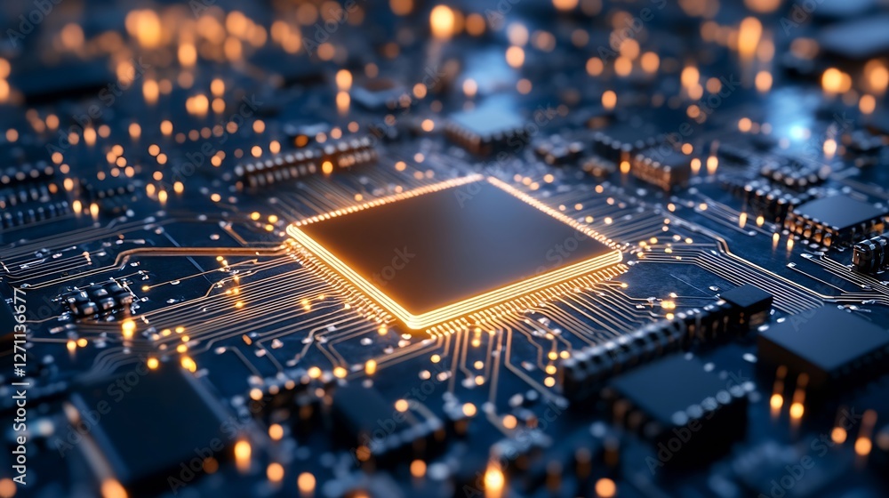 Poster CloseUp View of a HighTech Microprocessor on a Circuit Board with Glowing Connectors : Generative AI