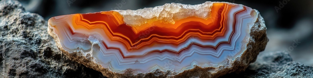 Poster close-up of a rock with a geological formation in the background, suitable for use in science and na