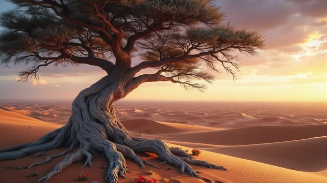 A serene landscape at the edge of a vast desert during golden hour