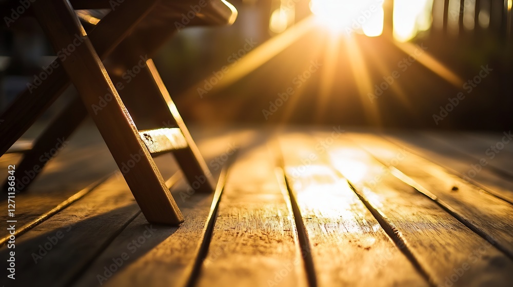 Poster sunlight filtering through a cozy outdoor setting with wooden furniture creating a warm ambiance : g