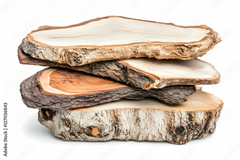 Poster stacked tree slices in a pile, isolated for crafting, decoration, and nature display