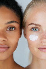 Two women with facial masks posing back to back, skincare concept