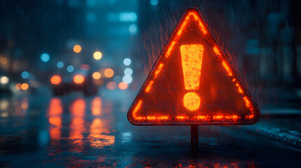 A glowing orange warning sign stands in a rainy urban setting, illuminated by city lights, signaling caution amidst a moody atmosphere