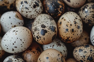 Fototapeta premium Close-up of speckled quail eggs in varied patterns. AI generated