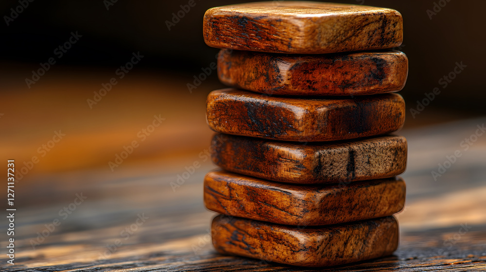Poster A stack of wooden blocks with a polished finish, showcasing a warm brown hue and intricate grain patterns, resting on a rustic surface