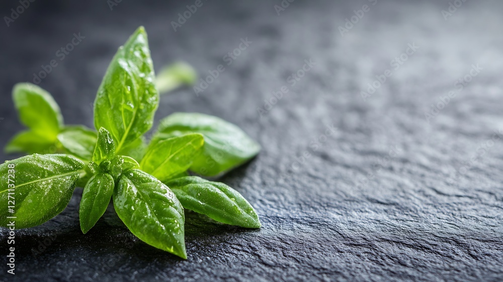 Poster fresh green basil leaves with water droplets on a dark stone background emphasizing freshness and he