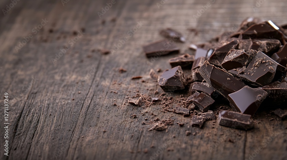 Poster Chopped dark chocolate pieces scattered on a rustic wooden surface displaying rich texture and color : Generative AI