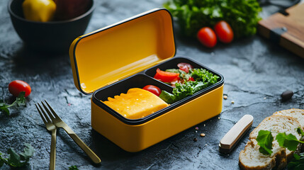 School lunch box with full meal top view with copy space 
