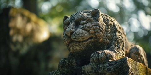 Obraz premium Ancient stone tiger sculpture resting in a mexican forest