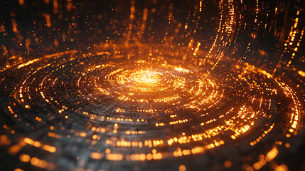 Close-up of a glowing quantum computer processor with spinning circuits, electric sparks, and floating binary code	