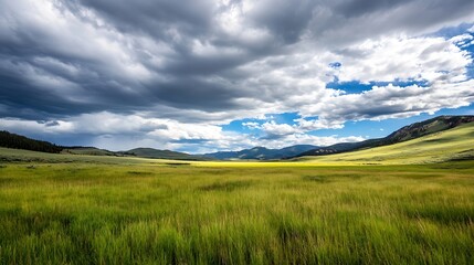 Obraz premium Spacious green meadow under dramatic cloudscape with sunlight breaking through blue skies : Generative AI