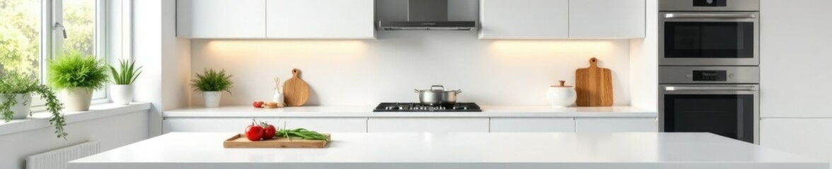 Obraz premium White modern kitchen with stainless steel appliances, sleek, blank cookbook