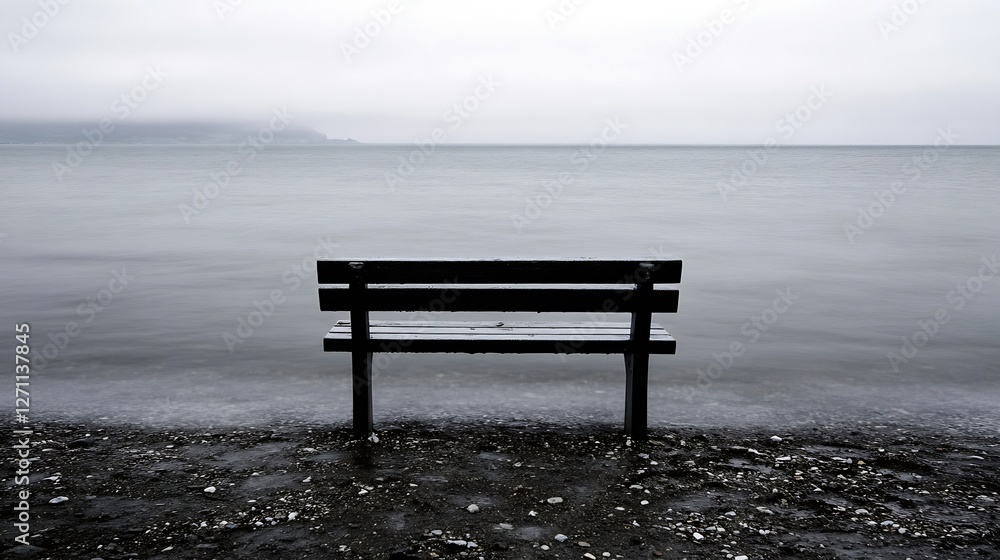 Poster lonely bench on a quiet beach under gray skies evoking feelings of solitude and introspection : gene