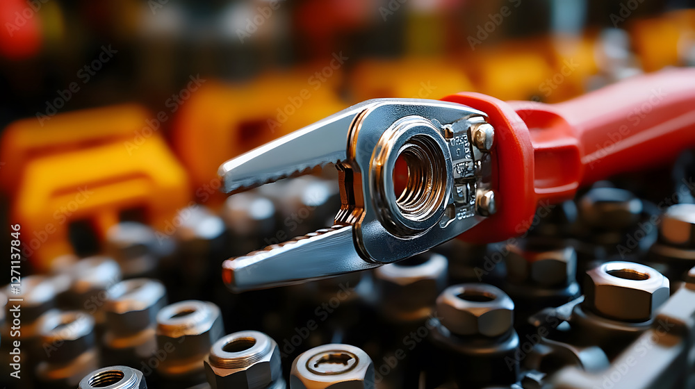 Aufkleber A close-up of a wrench with a red handle, resting atop a collection of nuts, showcasing precision tools commonly used in mechanical tasks